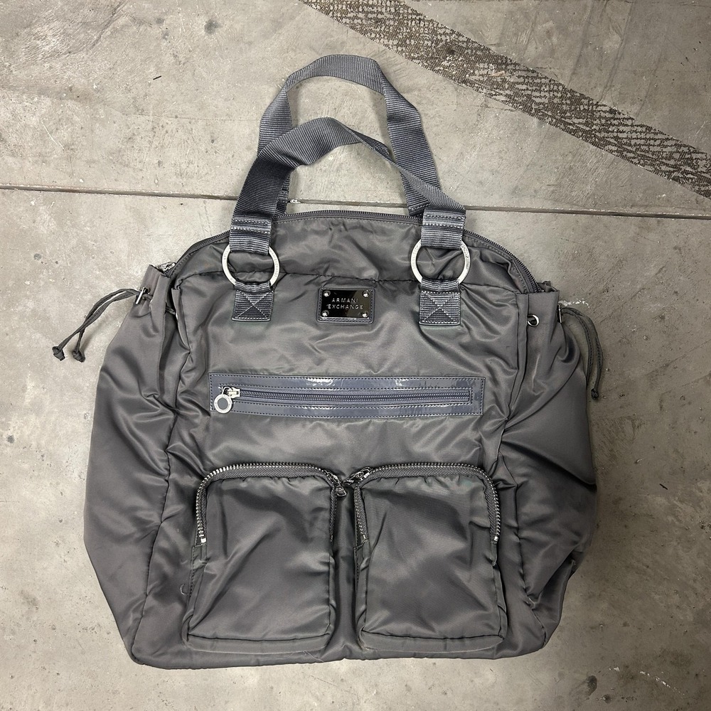 Armani Exchange Tote Bag‎ Womens Large Gray Nylon Zip Pockets Shoulder Purse